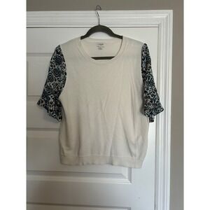 J. Crew Women White Cotton Knit Paisley Flutter Sleeve Sweater Top Large RN77388